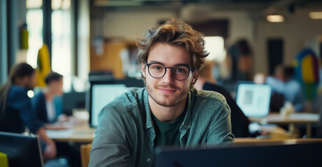 Smiling young man with glasses sitting in a creative office environment, surrounded by colleagues and a collaborative atmosphere.
