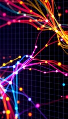 A vibrant and dynamic data visualization with colorful lines and dots on a grid background. Perfect for representing trends, statistics, and data analysis.