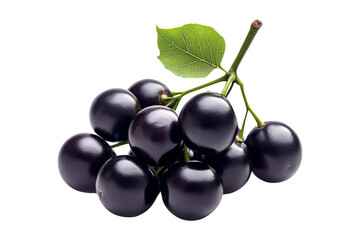 Fototapeta premium Fresh dark purple acai or Jabuticaba berries with green leaves, isolated on white transparent background. Concept of healthy nutrition and superfoods