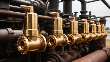 Close-up view of polished brass valves in an industrial piping system, highlighting the artistry and functionality in their design amid a soft background, echoing mechanical precision.