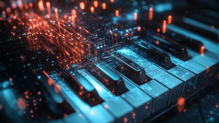 Fototapeta premium AI-generated music on an abstract techno background. The concept of artificial intelligence in programming and the Internet. 