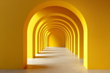 Fototapeta premium An arched corridor, minimalistic, in a yellow color scheme with a dark background and volumetric lighting. 