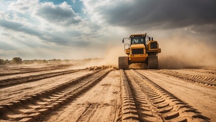 Heavy machinery moving across dusty terrain, leaving tire tracks, under cloudy sky with sunlight breaking through, highlighting construction site atmosphere.