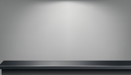 Obraz premium Black steel countertop, empty shelf. realistic mockup of table top, kitchen counter on gray background with spot light. Bar desk surface in foreground