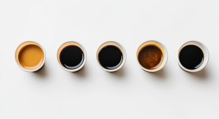 Six colorful drinks in paper cups on white background, flat lay