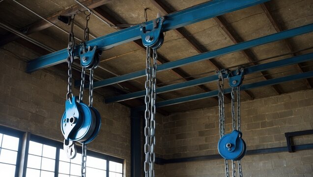 Industrial scene featuring blue pulleys and metal chains suspended from ceiling in warehous
