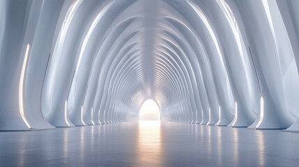 Futuristic white corridor with repeating arched architecture and dramatic lighting. Modern...