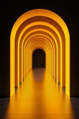 Obraz premium An arched corridor, minimalistic, in a yellow color scheme with a dark background and volumetric lighting. 