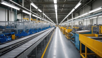 Expansive conveyor belt system in modern warehouse featuring organized workstations, bright lighting, and efficient industrial design.