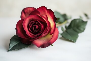 single red rose lies on crisp white surface soft natural light casting gentle shadows and generous copy space