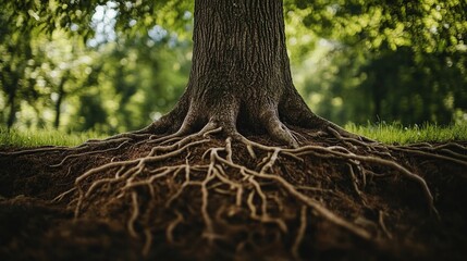 A tree with roots stretching deep into the ground, representing grounding, stability, and inner strength.