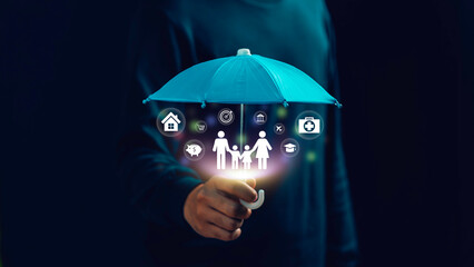 Life insurance and family protection concept: a family under a blue umbrella, symbolizing home, health, education, and financial assets for security, trust, and long-term stability.