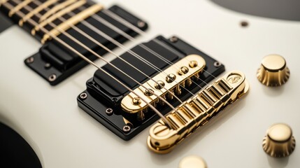 A close up of an electric guitar, Bridge Parts Set of Gold Electric Guitar Tremolo Bridge,white body with black pick up and neck, product photography, beige background, high resolution.