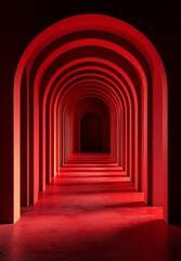 Fototapeta premium An arched corridor, minimalistic, in a red color scheme with a dark background and volumetric lighting. 