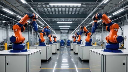 High-tech industrial facility featuring multiple robotic arms in orange and blue, meticulously arranged for precision manufacturing tasks.