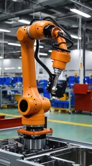 An industrial robotic arm in a factory setting, efficiently performing assembly tasks on a production line, characterized by its striking orange coloring and durable stainless-steel components