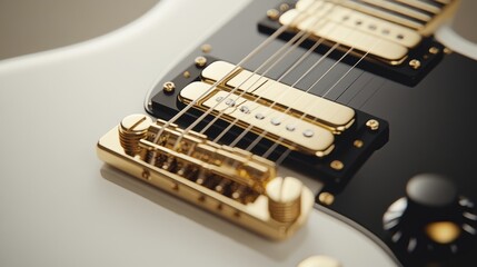 A close up of an electric guitar, Bridge Parts Set of Gold Electric Guitar Tremolo Bridge,white body with black pick up and neck, product photography, beige background, high resolution.