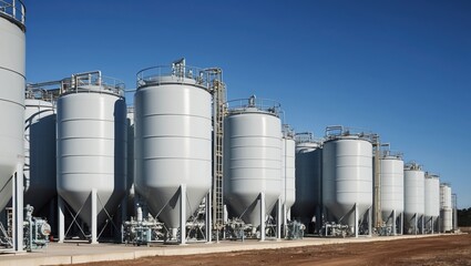 Obraz premium Silos in industrial facility, gray metal structures under a clear blue sky, highlighting agricultural storage and processing capabilities.