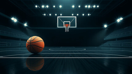 Elegant Basketball Court with Ball in Motion and Stadium Lights