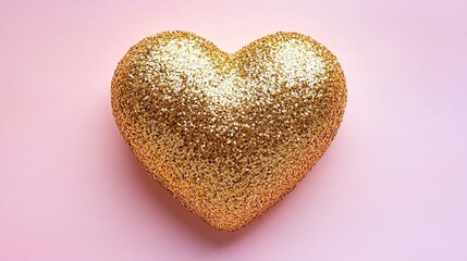 Fototapeta premium single textured heart crafted from golden glitter sits on smooth pastel pink surface softly illuminated with copy space