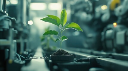 A plant growing from machinery symbolizes growth and innovation in digital transformation.