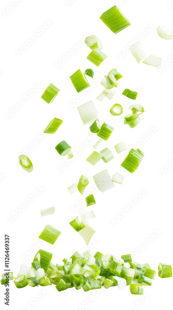 Poster falling chopped green onion isolated on transparent background