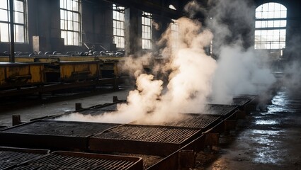 An industrial environment featuring steam rising from metal grids with sunlight filtering through large windows, creating a moody and atmospheric scene in an abandoned factory setting.