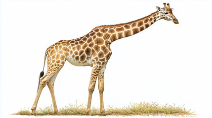 Fototapeta premium A tall and elegant giraffe with its long neck stretching gracefully on a pure white background.