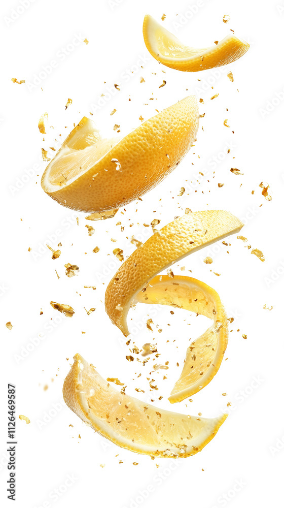 Poster falling lemon slice, isolated on transparent background