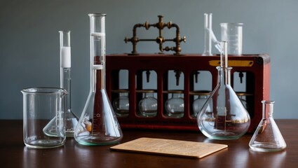 An elegant arrangement of laboratory glassware including beakers, flasks, and pipettes on a wooden table, set against a neutral backdrop.