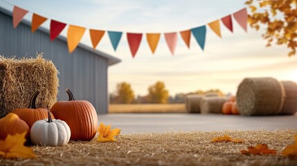 Vibrant Autumn Scene with Pumpkins, Straw Bales, and Colorful Bunting in a Rural Setting at Sunset
