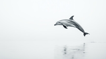 Fototapeta premium A playful dolphin leaping gracefully on an immaculate white background, its smooth, sleek body glistening.
