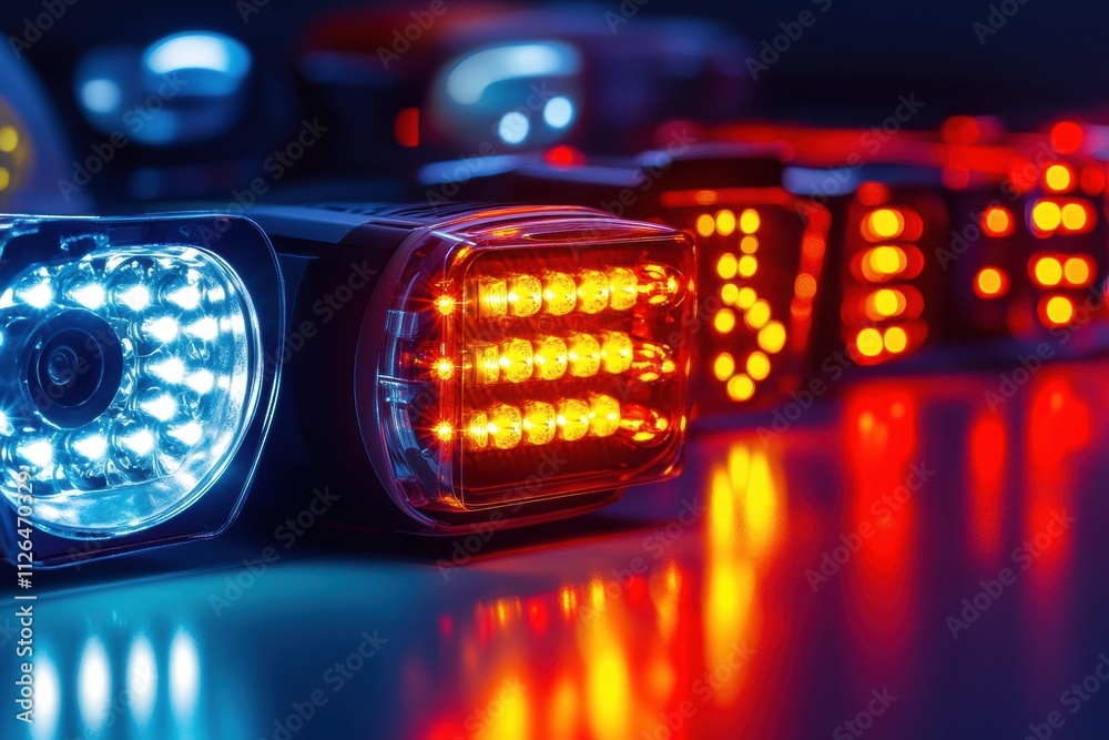 Poster various led car headlights and tail lights are carefully arranged, showcasing the vibrant colors and