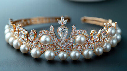 Elegant golden tiara adorned with pearls and diamonds, showcasing intricate designs and sparkling jewels, perfect for weddings or special occasions