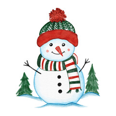 Hand drawn illustration with snowmen in cute scaff hat in winter snow on white background. Cute funny christmas new year decor print for textile wrapping paper, cartoon snow toys in funny design.