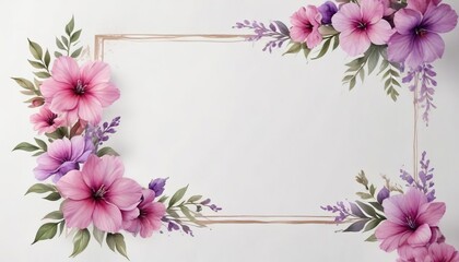 Watercolor border frame with pink purple flowers on white background, decoration, floral, isolated, frame, pink