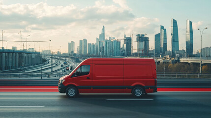 Red delivery van driving on highway with modern city skyline background. Commercial cargo vehicle in motion against urban architecture and cloudy sky creating dynamic business scene