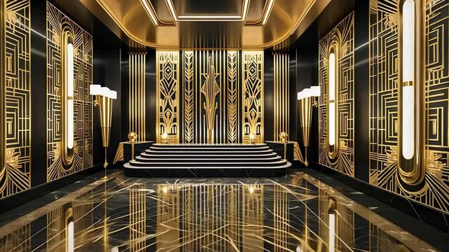 Luxurious Art Deco Interior with Gold Accents, Elegant Lighting, and a Reflective Marble Floor

