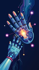 Obraz premium A robot hand is shown in the middle of a blue background with a green hand