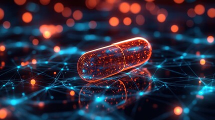 A digital representation of a pill on a network background symbolizes ai-driven precision medicine.