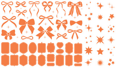 Orange vintage bow set. Bows for decor. Trendy girls accessories. Cute hairstyle elements. Sparkles icons, star shape. Party decoration, gift. Glitter sparkle. Stickers, frames, promo, price, sale