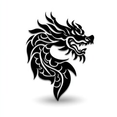 Black and White Stylized Dragon Tattoo Design with Intricate Details and Elegant Curves on a White Background