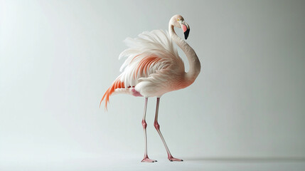 A graceful flamingo standing on one leg against a pure white background with its pink feathers vibrant and elegant. 