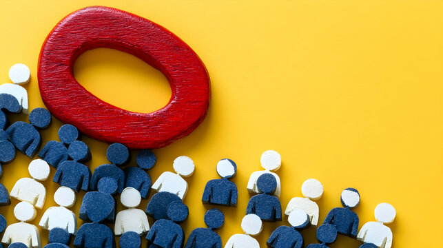 Red horseshoe magnet attracting diverse group of small wooden people on yellow background.  Conceptual image for business, marketing, and recruitment.