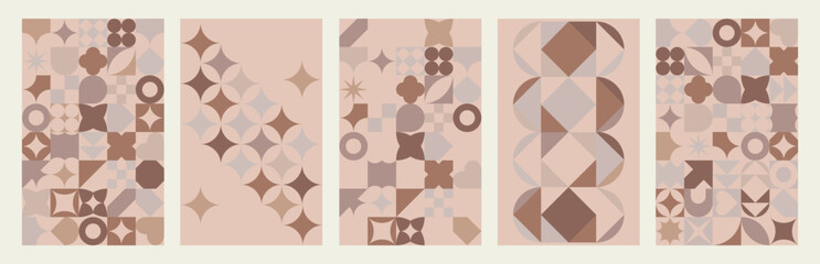 Mocha Mousse color background 2025 Year. Seamless coffee color pattern in Geometric style. Brown abstract shapes background in swiss style. Vector illustration
