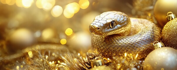 A gold snake wrapped around golden festive decorations. 2025 year of the snake