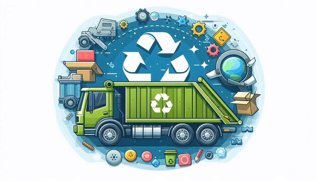 recommend clip art: Illustration of garbage truck with recycling symbol representing waste management and recycling