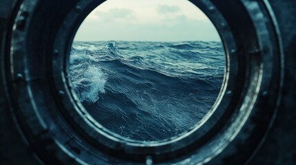 Fototapeta premium Dramatic ocean waves viewed through ship's porthole during stormy weather. Moody seascape framed in metal window creating powerful maritime atmosphere with turquoise water