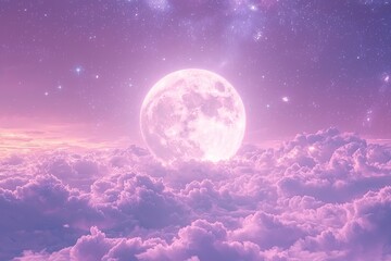 A beautiful moon surrounded by clouds, with stars shining in the sky, ethereal and fantastical in style