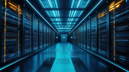 Obraz premium Futuristic server room with glowing lights.